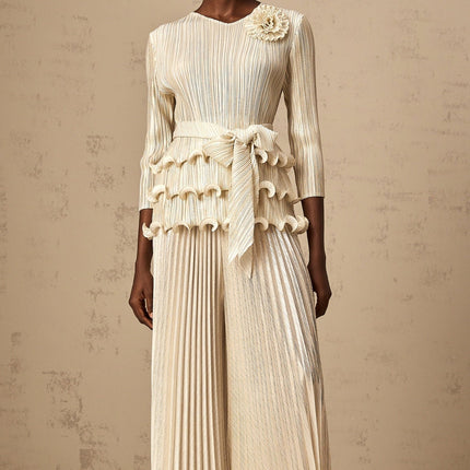 Madison Ruffled Jumpsuit in Neutrals Floral Appliqué and Ruffled Detailing