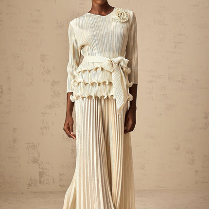 Madison Ruffled Jumpsuit in Neutrals with Floral Appliqué and Ruffled Detailing