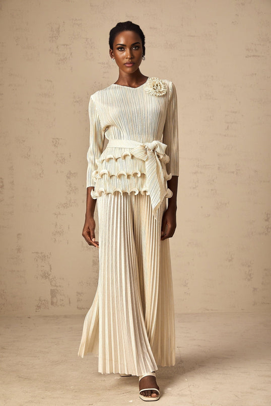 Madison Ruffled Jumpsuit in Neutrals with Floral Appliqué and Ruffled Detailing