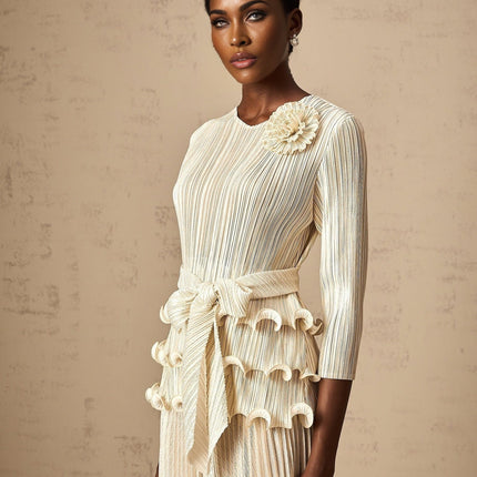 Madison Ruffled Jumpsuit in Neutrals Floral Appliqué and Ruffled Detailing