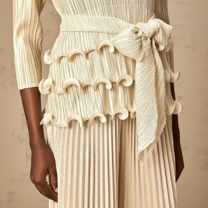 Madison Ruffled Jumpsuit in Neutrals Floral Applique and Ruffled Detailing
