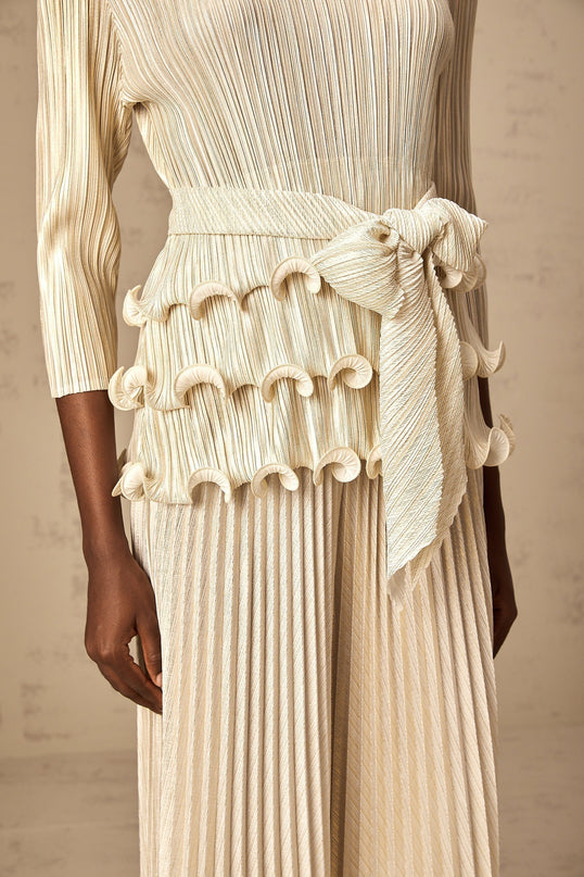 Madison Ruffled Jumpsuit in Neutrals Floral Applique and Ruffled Detailing