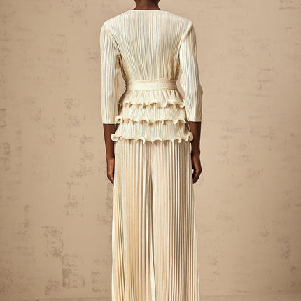 Madison Ruffled Jumpsuit Neutrals Floral Appliqué Wide Legs Polyester Elastane