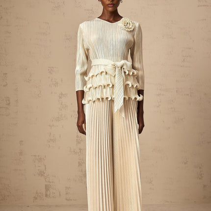 Madison Ruffled Jumpsuit in Neutrals with Floral Appliqué and Ruffled Detailing