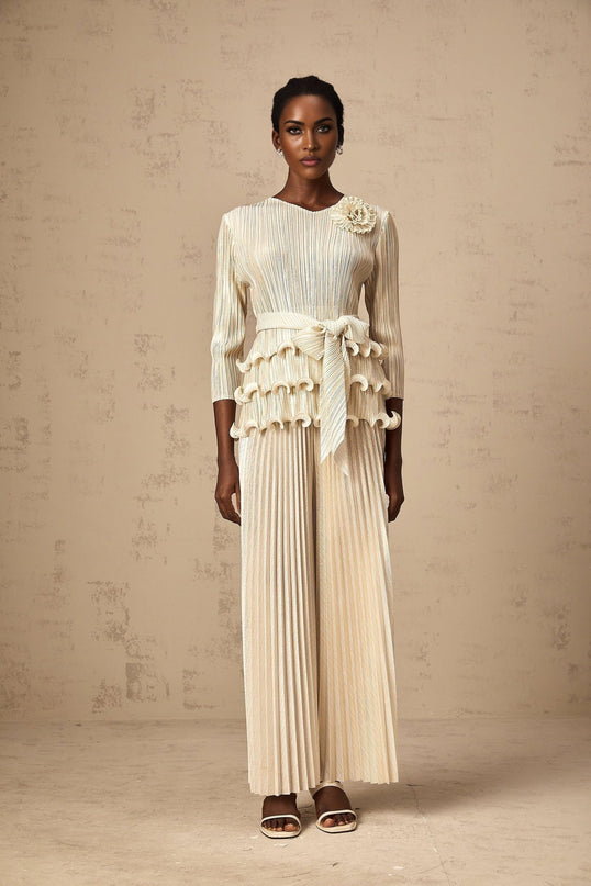 Madison Ruffled Jumpsuit in Neutrals with Floral Appliqué and Ruffled Detailing