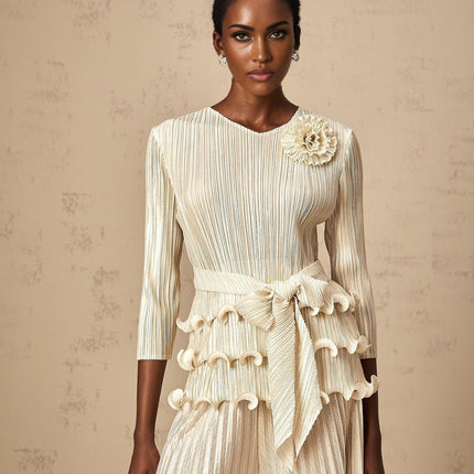 Madison Ruffled Jumpsuit in Neutrals with Floral Appliqué and Ruffled Detailing