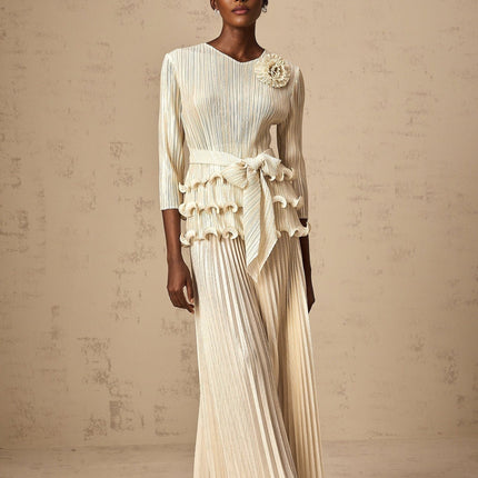 Madison Ruffled Jumpsuit Neutrals Floral Appliqué Wide Legs Polyester Elastane Elegance Sophistication Luxury Opulence Modernity Glamour