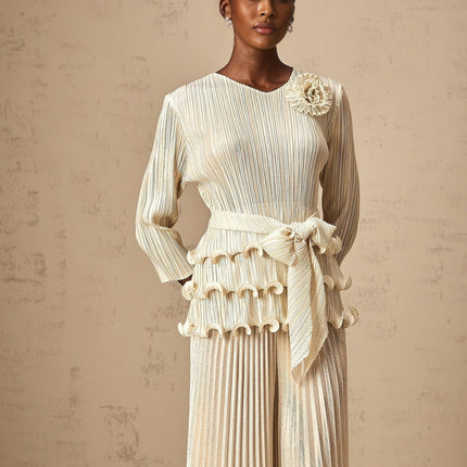 Madison Ruffled Jumpsuit Neutrals Floral Appliqué Wide Legs Polyester Elastane