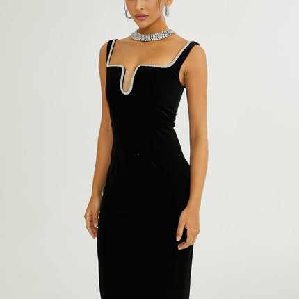 Madisyn Black Crystal Embellished Midi Dress 100 Percent Polyester U-Neckline Zip Fastening Spaghetti Straps Size M Model