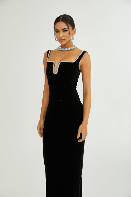 Madisyn Black Crystal Embellished Midi Dress 100 Percent Polyester U-Neckline Zip Fastening Spaghetti Straps Size M Model