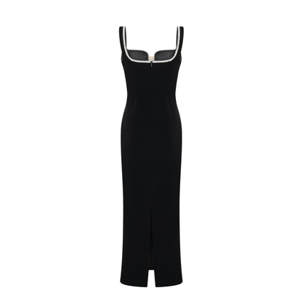 Madisyn Black Crystal Embellished Midi Dress 100 Percent Polyester U-Neckline Zip Fastening Spaghetti Straps Size M Model 5'10 Sophisticated Luxury