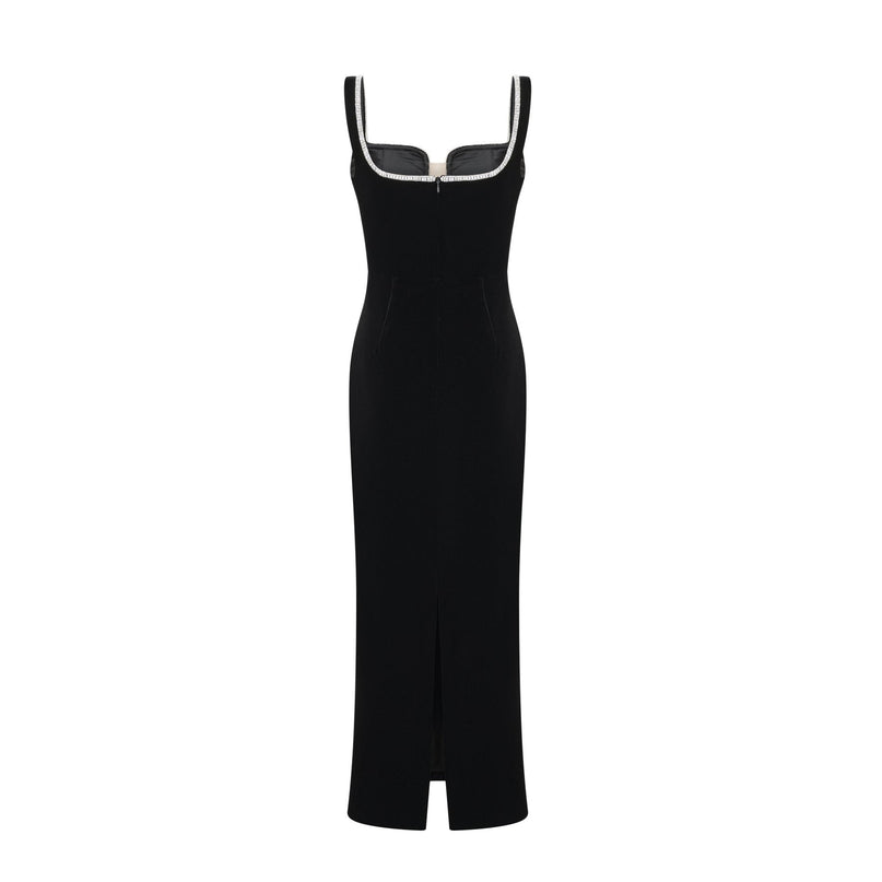 Madisyn Black Crystal Embellished Midi Dress 100 Percent Polyester U-Neckline Zip Fastening Spaghetti Straps Size M Model 5'10 Sophisticated Luxury
