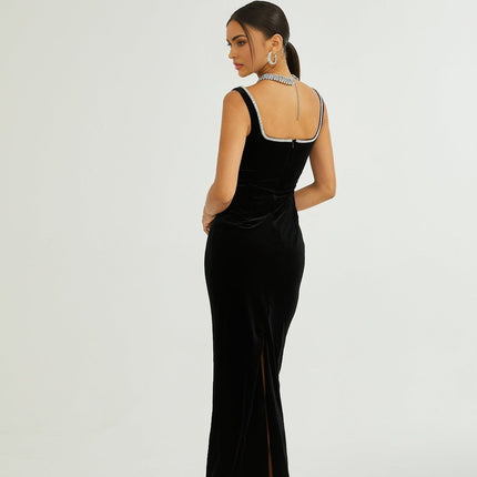 Madisyn Black Crystal Embellished Midi Dress 100 Percent Polyester U-Neckline Zip Fastening Spaghetti Straps Size M Model 5'10 Opulent Sophisticated Chic Luxury Craftsmanship