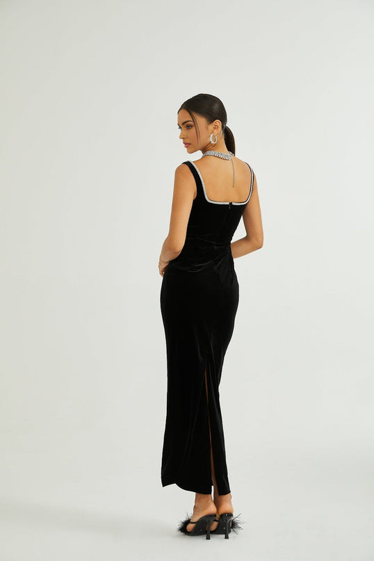 Madisyn Black Crystal Embellished Midi Dress 100 Percent Polyester U-Neckline Zip Fastening Spaghetti Straps Size M Model 5'10 Opulent Sophisticated Chic Luxury Craftsmanship
