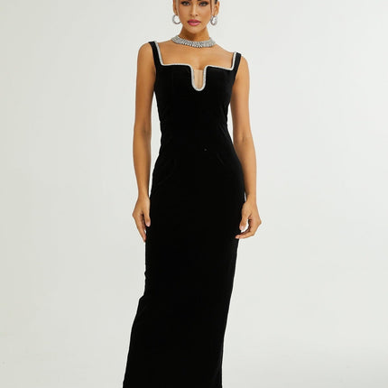 Madisyn Black Crystal Embellished Midi Dress 100 Percent Polyester U-Neckline Zip Fastening Spaghetti Straps Size M Model 5'10