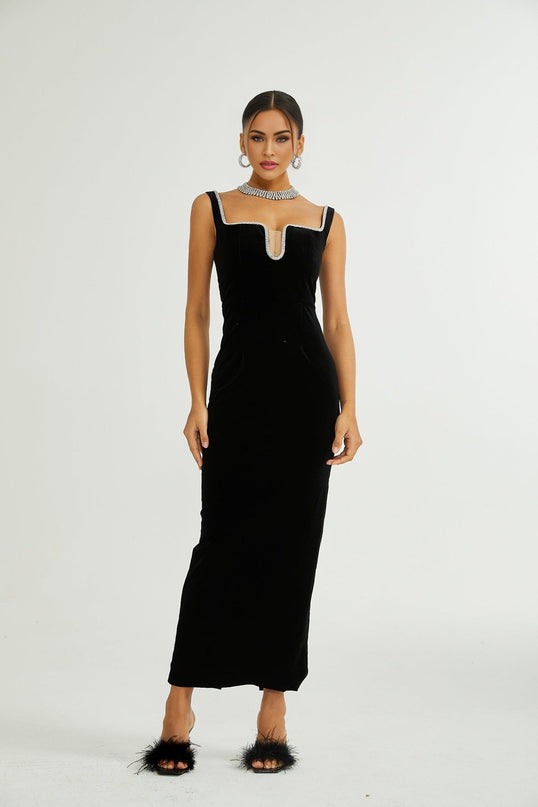 Madisyn Black Crystal Embellished Midi Dress 100 Percent Polyester U-Neckline Zip Fastening Spaghetti Straps Size M Model 5'10
