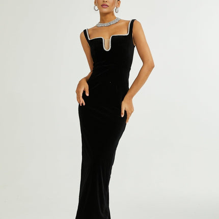 Madisyn Black Crystal Embellished Midi Dress 100 Percent Polyester U-Neckline Zip Fastening Spaghetti Straps Size M Model 5'10 Sophisticated Elegance Luxury Craftsmanship