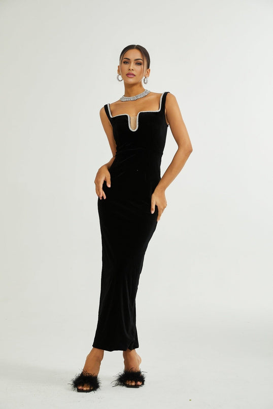 Madisyn Black Crystal Embellished Midi Dress 100 Percent Polyester U-Neckline Zip Fastening Spaghetti Straps Size M Model 5'10 Sophisticated Elegance Luxury Craftsmanship