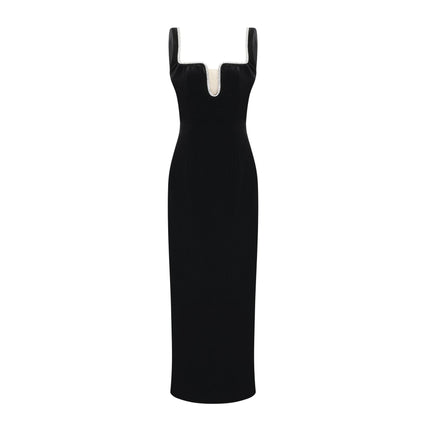 Madisyn Black Crystal Embellished Midi Dress 100 Percent Polyester Spaghetti Straps U-Neckline Zip Fastening Size M Model 5'10 Sophisticated Elegance Chic Luxury Craftsmanship Opulence