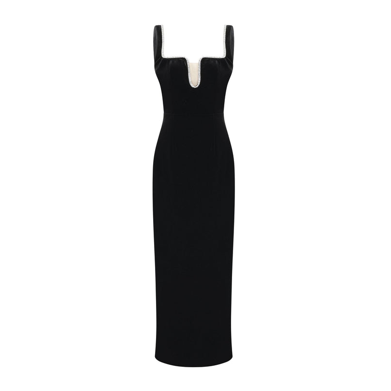 Madisyn Black Crystal Embellished Midi Dress 100 Percent Polyester Spaghetti Straps U-Neckline Zip Fastening Size M Model 5'10 Sophisticated Elegance Chic Luxury Craftsmanship Opulence