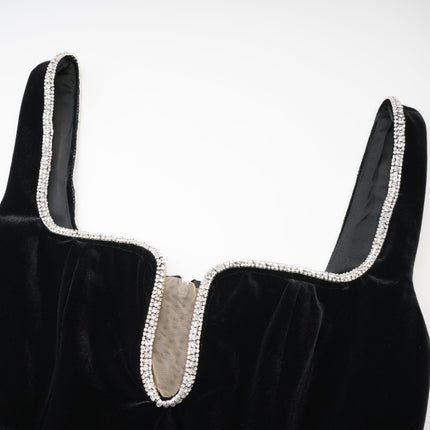 Madisyn Black Crystal Embellished U-Neckline Midi Dress 100% Polyester Spaghetti Straps Size M