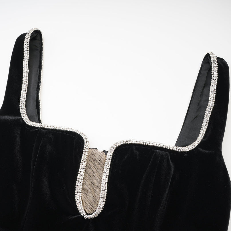 Madisyn Black Crystal Embellished U-Neckline Midi Dress 100% Polyester Spaghetti Straps Size M