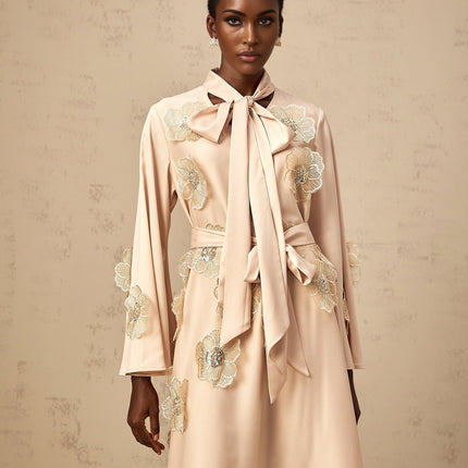 Madisyn Midi Dress Neutrals Textured Satin A-line Floral Appliqué Bead Sequin Embellishments Pussy Bow Collar Flared Sleeves Tied Waist Rear Zip Lined 100% Terylene Fiber