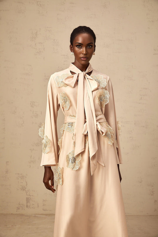 Madisyn Midi Dress Neutrals Textured Satin A-line Floral Appliqué Bead Sequin Embellishments Pussy Bow Collar Flared Sleeves Tied Waist Rear Zip Lined 100% Terylene Fiber