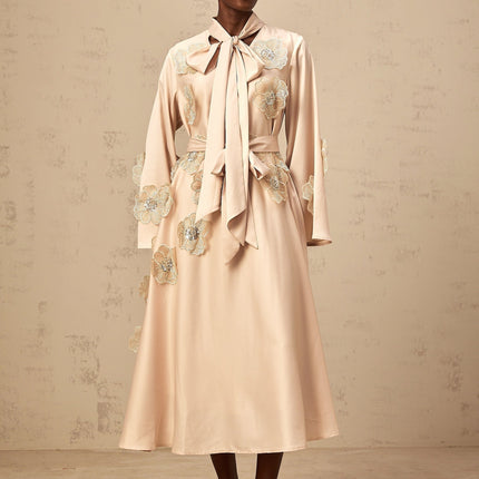 Madisyn Midi Dress Neutrals Textured Satin Embellished A-Line