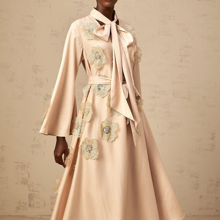 Madisyn Midi Dress Neutrals Textured Satin Floral Appliqué Bead Sequin A-line Pussy Bow Collar Flared Sleeves Tied Waist Rear Zip Lined Luxury Fashion