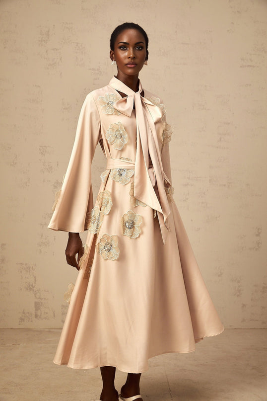 Madisyn Midi Dress Neutrals Textured Satin Floral Appliqué Bead Sequin A-line Pussy Bow Collar Flared Sleeves Tied Waist Rear Zip Lined Luxury Fashion