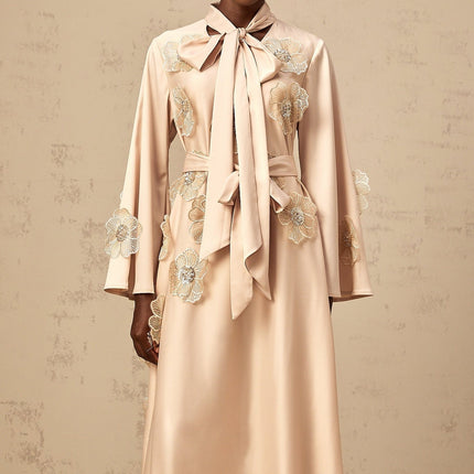Madisyn Midi Dress in Neutrals with Floral Appliqué and Sequin Embellishments