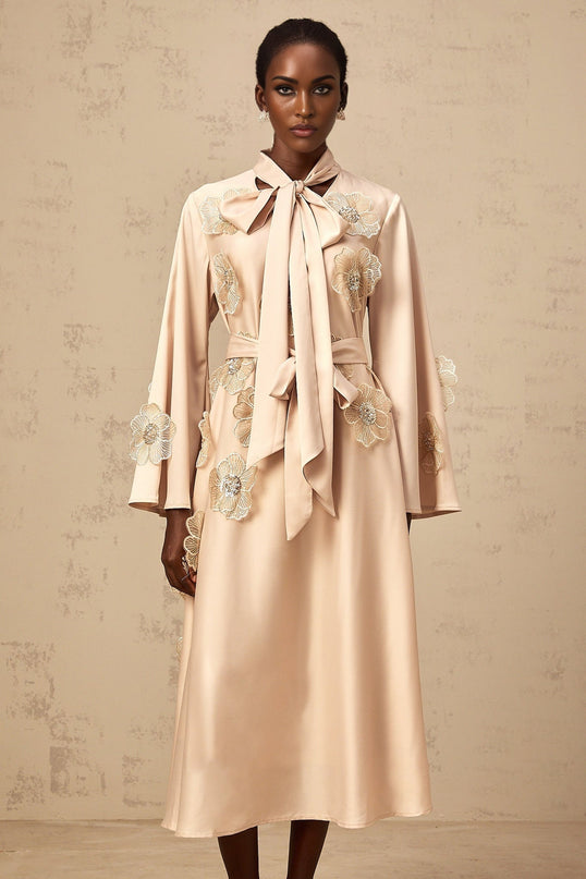 Madisyn Midi Dress in Neutrals with Floral Appliqué and Sequin Embellishments