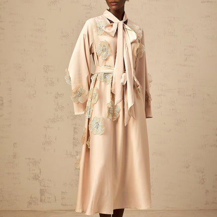 Madisyn Midi Dress Neutrals Textured Satin Floral Appliqué Bead Sequin A-line Pussy Bow Collar Flared Sleeves Tied Waist Rear Zip Lined