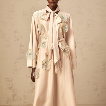 Madisyn Midi Dress in Neutrals A-line silhouette with floral appliqué and bead embellishments