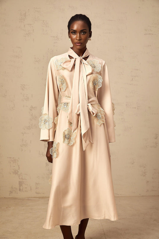 Madisyn Midi Dress in Neutrals A-line silhouette with floral appliqué and bead embellishments