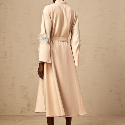 Madisyn Midi Dress Neutrals Textured Satin A-Line Floral Appliqué Bead Sequin Embellishments Pussy Bow Collar Flared Sleeves Tied Waist Rear Zip Fastening Lined Sophistication