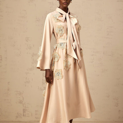 Madisyn Midi Dress in Neutrals with Floral Appliqué and Sequin Embellishments