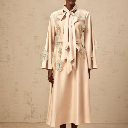 Madisyn Neutrals Midi Dress with Floral Appliqué and Sequin Embellishments