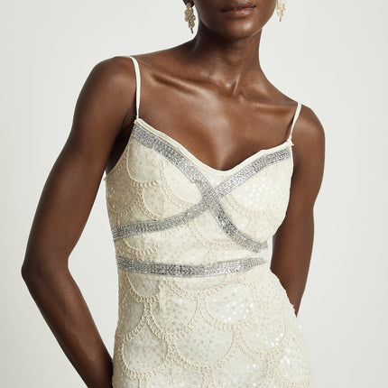 Madisyn Neutrals Sequin Crystal Layered Dress