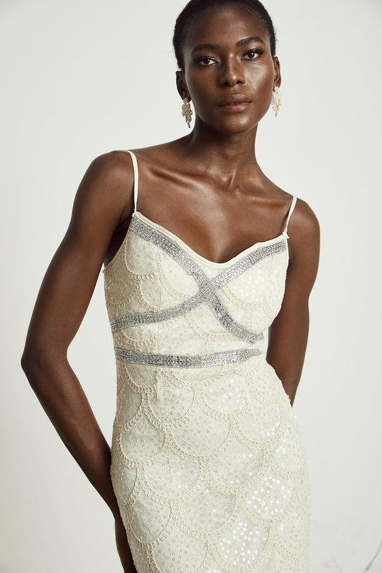 Madisyn Neutrals Sequin Crystal Layered Dress