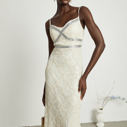 Madisyn Neutrals Sequin Crystal Midi Dress