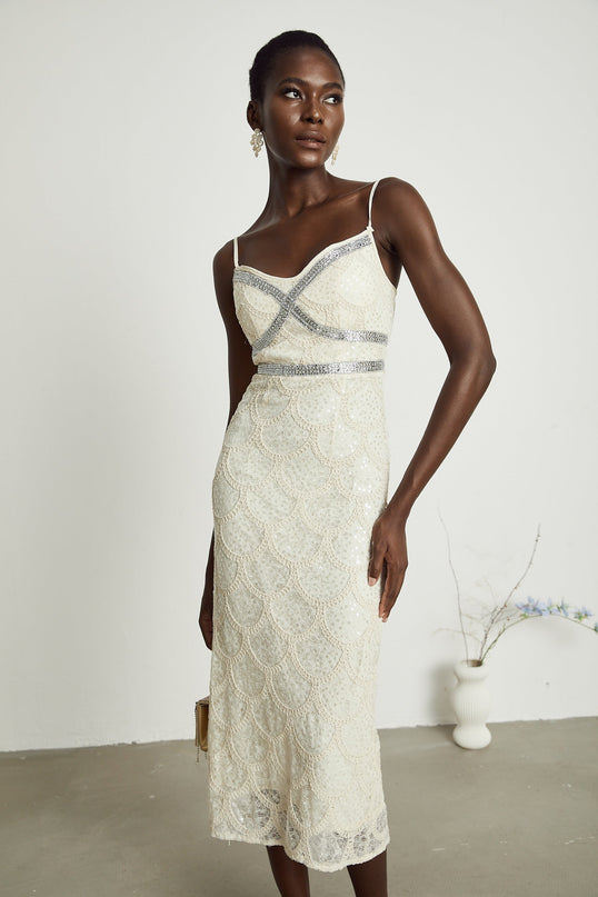 Madisyn Neutrals Sequin Crystal Midi Dress
