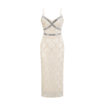 Madisyn Neutrals Sequin Crystal Sleeveless V Neck Midi Dress Polyester