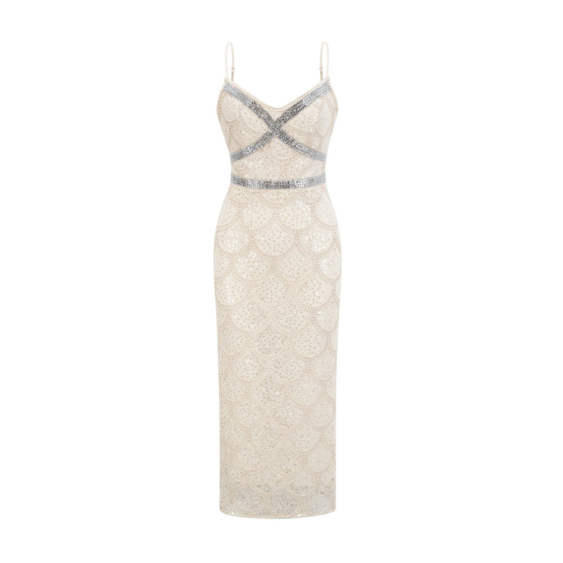 Madisyn Neutrals Sequin Crystal Sleeveless V Neck Midi Dress Polyester