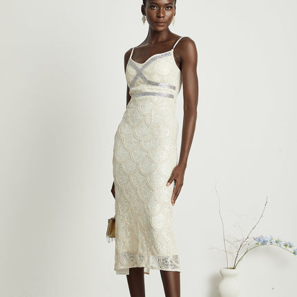 Madisyn Neutrals Sequin Crystal Sleeveless V Neck Midi Dress Polyester
