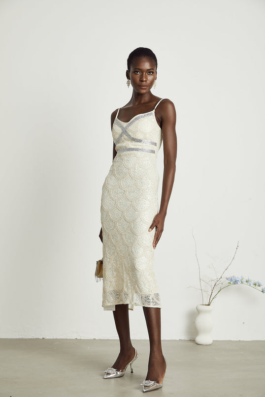 Madisyn Neutrals Sequin Crystal Sleeveless V Neck Midi Dress Polyester