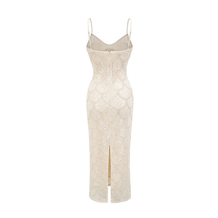 Madisyn Neutrals Sequin Crystal Sleeveless V Neck Midi Dress