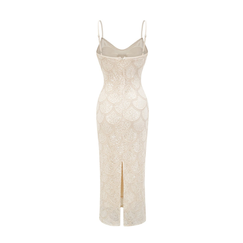Madisyn Neutrals Sequin Crystal Sleeveless V Neck Midi Dress