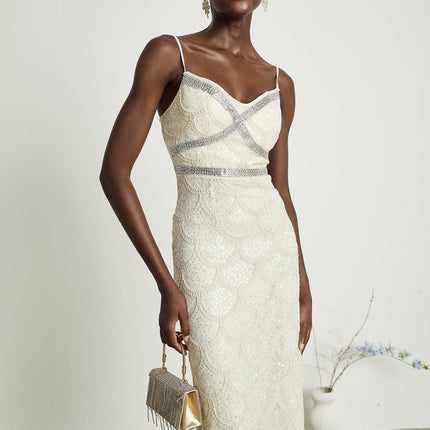 Madisyn Neutrals Sequin Crystal V Neck Midi Dress Polyester